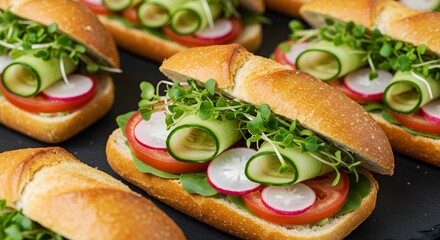 Close-up of fresh sandwiches on dark surface with varied vegetables and greens