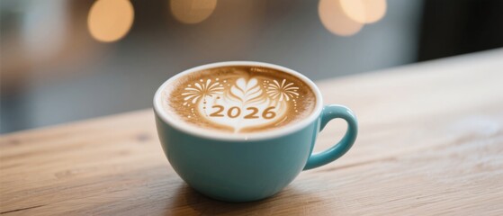 Coffee cup with 2026 latte art