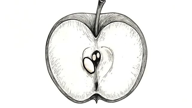 A picture of an apple cut in half, with the core and stem exposed