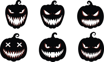 Halloween scary black pumpkin faces, sinister jack o lantern silhouettes, spooky carved pumpkin vector, horror Halloween decoration artwork, cad drawing flat vector illustration