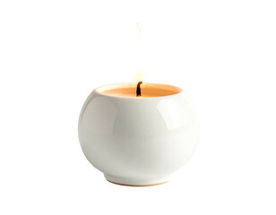 A lit candle within a spherical, white ceramic holder, flame upward, isolated