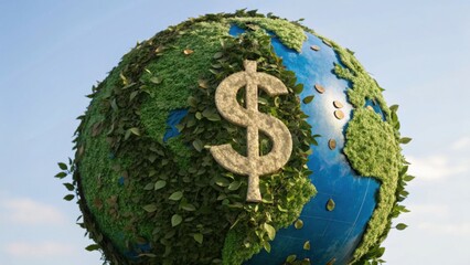 A green globe covered in leaves features a prominent dollar sign, symbolizing the intersection of ecology and economy.