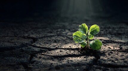 Naklejka premium Young plant emerges from cracked dry earth bathed in light.