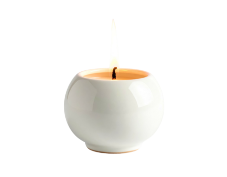 A lit candle within a spherical, white ceramic holder, flame upward, isolated