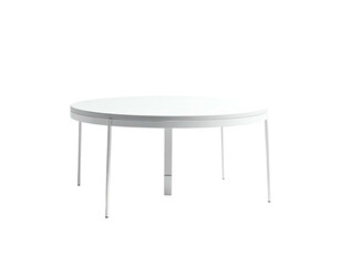 A minimalist, round, white table with metal legs stands isolated against black