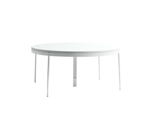 A minimalist, round, white table with metal legs stands isolated against black