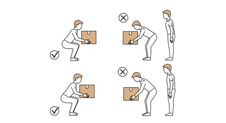 Correct and Incorrect Lifting Techniques Diagram: Proper Ergonomics for Workplace Safety, Back Health Education in Industry, Office, and Warehousing; Lifting Posture Guide for Manual Handling Training