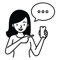 Smiling Woman Holding Smartphone and Pointing Up with Speech Bubble