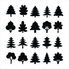 Obraz premium Tree Silhouette Vector Collection, Black Forest, Nature, and Pine Tree Icons on White Background