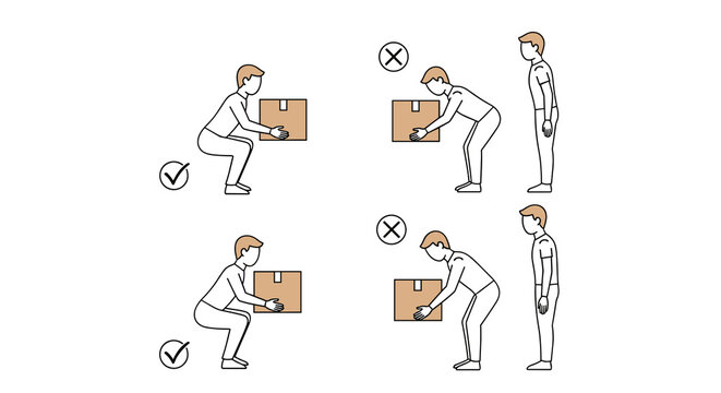 Correct and Incorrect Lifting Techniques Diagram: Proper Ergonomics for Workplace Safety, Back Health Education in Industry, Office, and Warehousing; Lifting Posture Guide for Manual Handling Training
