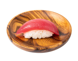 A single piece of nigiri sushi on a decorative wooden bowl, isolated