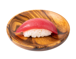 A single piece of nigiri sushi on a decorative wooden bowl, isolated