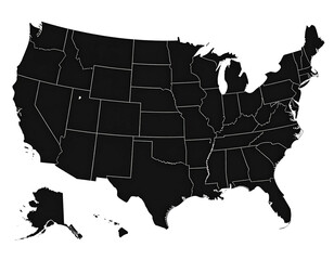 A stark, dark gray map of the United States with state borders highlighted