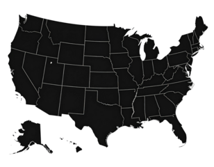 A stark, dark gray map of the United States with state borders highlighted