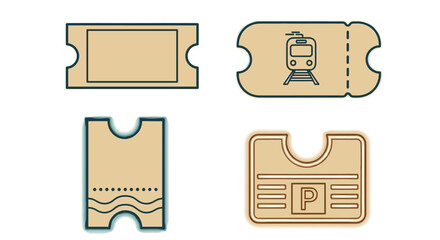 Transportation Ticket Icons Set:  Conceptual Travel Vouchers for Train Rides, Parking Permits, and Event Admissions in Flat Vector Design, Promoting  Affordable Access, Leisure Activities, and Secure