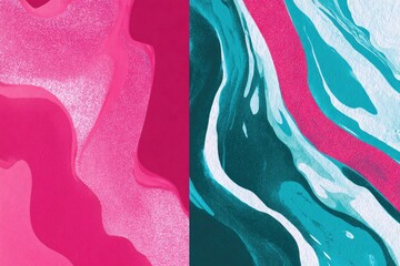 Abstract split design featuring wavy pink and teal patterns on textured backgrounds