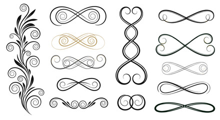 Elegant Decorative Swirls and Flourishes for Graphic Design Embellishments and Artistic Creations, Ideal for Invitations, Stationery, Logos, and Ornamental Accents in Vintage and Modern Styles on Whit
