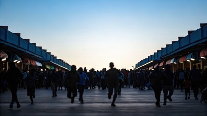 Obraz premium A bustling crowd moves towards the horizon, framed by storefronts under a blue sky, creating a vibrant scene of evening activity.