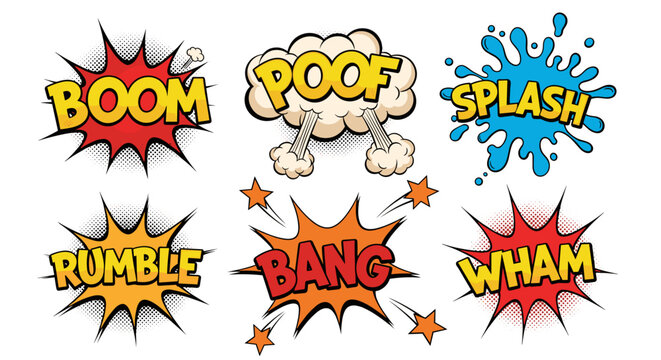 Dynamic Comic Book Sound Effects Explosions: Impactful Visuals for Graphic Novels, Presentations, Marketing, and Advertising. Retro Pop Art Accents with Bold Typography, Vibrant Colors, and Energetic
