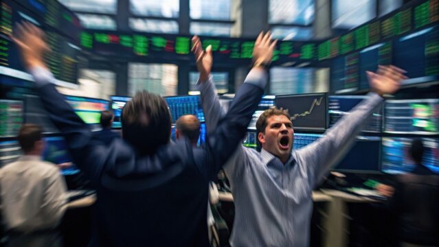 A bustling trading floor with energetic traders reacting passionately to market movements, highlighted by multiple screens displaying stock data.