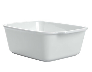 A white rectangular ceramic baking dish, slightly reflective, on a transparent background