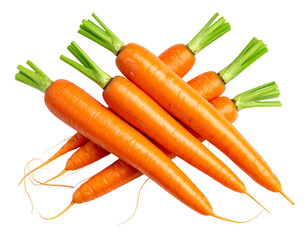 A vibrant pile of fresh orange root vegetables with green tops, close-up, isolated