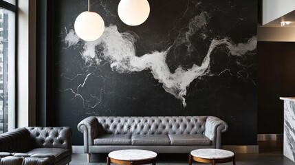 Lobby with gray sofa, dark marbled wall, round lights, tables; suitable for interior design