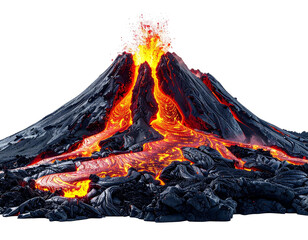 A volcano erupts, molten rock flowing down its sides against a black backdrop