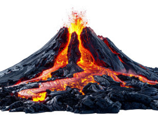 A volcano erupts, molten rock flowing down its sides against a black backdrop