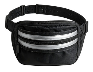 Black fanny pack with silver stripes, zipper compartments, and adjustable strap