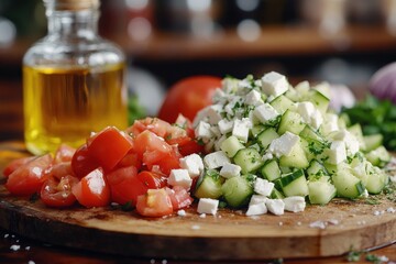 Cucumber, tomato and feta cubes on a wooden board. Salad ingredients on background of olive oil