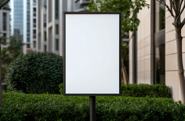 Urban blank signage in a lush garden, framed by modern architecture. Ideal for promoting events, offers, or community messages. A simple and clear communication in a busy setting.