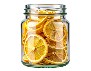 Clear glass jar filled with dried, sliced lemons on a solid black background