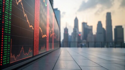 A digital stock market display with downward trends, set against a city skyline, highlighting financial fluctuations and urban architecture.