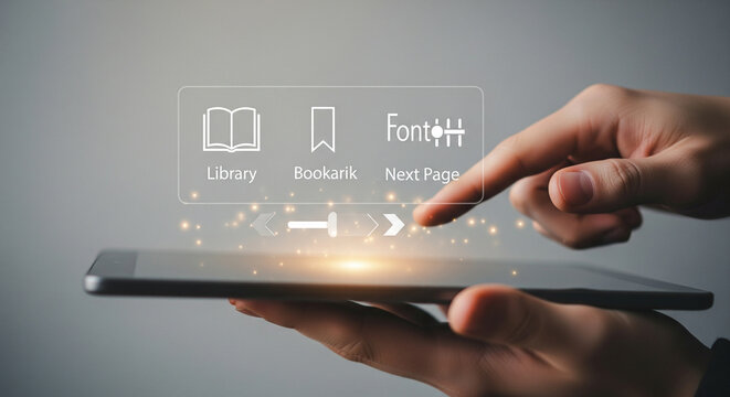 Person using a tablet with a holographic interface showing book and reading related icons like library, bookmark, and next page, symbolizing digital reading and elearning