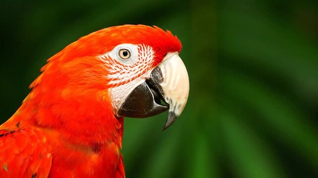 Close-up of a vibrant red macaw parrot with a white beak and a green background.