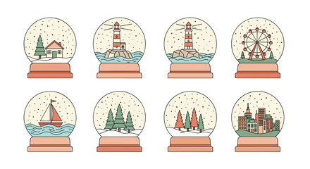 Charming Snow Globes Collection Featuring Iconic Landmarks and Festive Scenes, Delivering Winter Holidays Magic,  Ideal for Holiday Marketing, Greetings, and  Seasonal Illustrations for Modern Lifesty