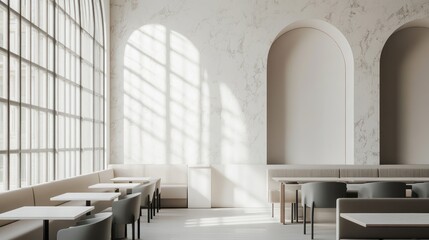 Empty restaurant with arched doorways and tables near big window, for marketing