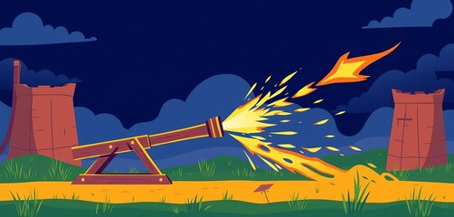 Simple vector illustration of a catapult launching a projectile, minimal, catapult