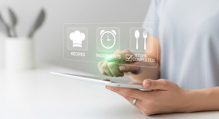 Closeup of a persons hand interacting with a tablet, showing a holographic menu with icons for chef hat, clock, and cutlery, symbolizing culinary apps or restaurant management
