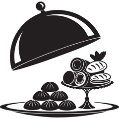 An elegant food platter with a dome cover isolated on white background, showcasing a variety of delicious dishes and desserts