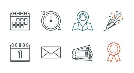 Event Planning Icons Set: Schedule Management, Time Tracking, Location Finding, Celebrations, Date Reminders, Communication, Ticket Sales, Achievement Recognition, and Award Ceremony- Modern Line Art