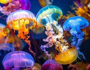 Colorful jellyfish floating in an aquarium with vibrant lighting