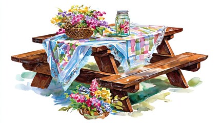 A wooden picnic table with a lace cloth and wildflowers in a mason jar
