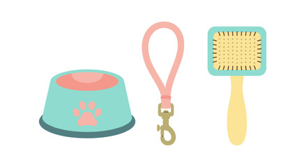 Cartoon Pet Supplies Still Life: Bowl for Food, Dog Leash, and Grooming Brush on White Background for Veterinary Clinic, Animal Care Products, Training Aids, Pets Accessories, Colorful Illustration