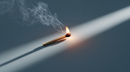 Single matchstick ignites with dynamic flame, producing smoke, soft shadow, and light beam against minimalistic gray backdrop showcasing fire elements
