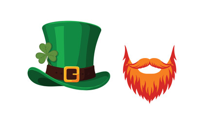 A green leprechaun hat with a shamrock and an orange beard