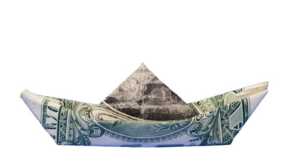 A dollar bill is skillfully folded to form a boat /transparent PNG file/