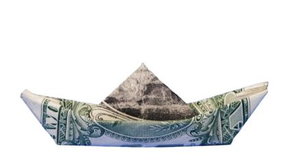 A dollar bill is skillfully folded to form a boat /transparent PNG file/