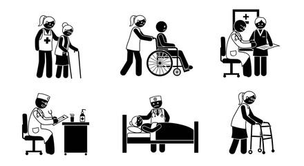 Sad Healthcare Workers & Patients in Hospital Setting: Nurses & Doctors Offering Medical Assistance, Patient Care & Support to Elderly & Disabled with Compassion in Grief, Loneliness. Stick Figure Ico